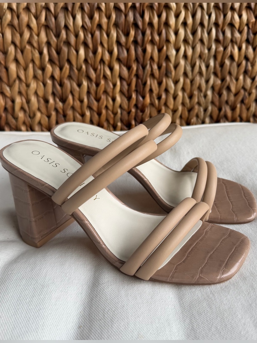 Oasis Society Taupe Double-Strap Block Heel Sandals